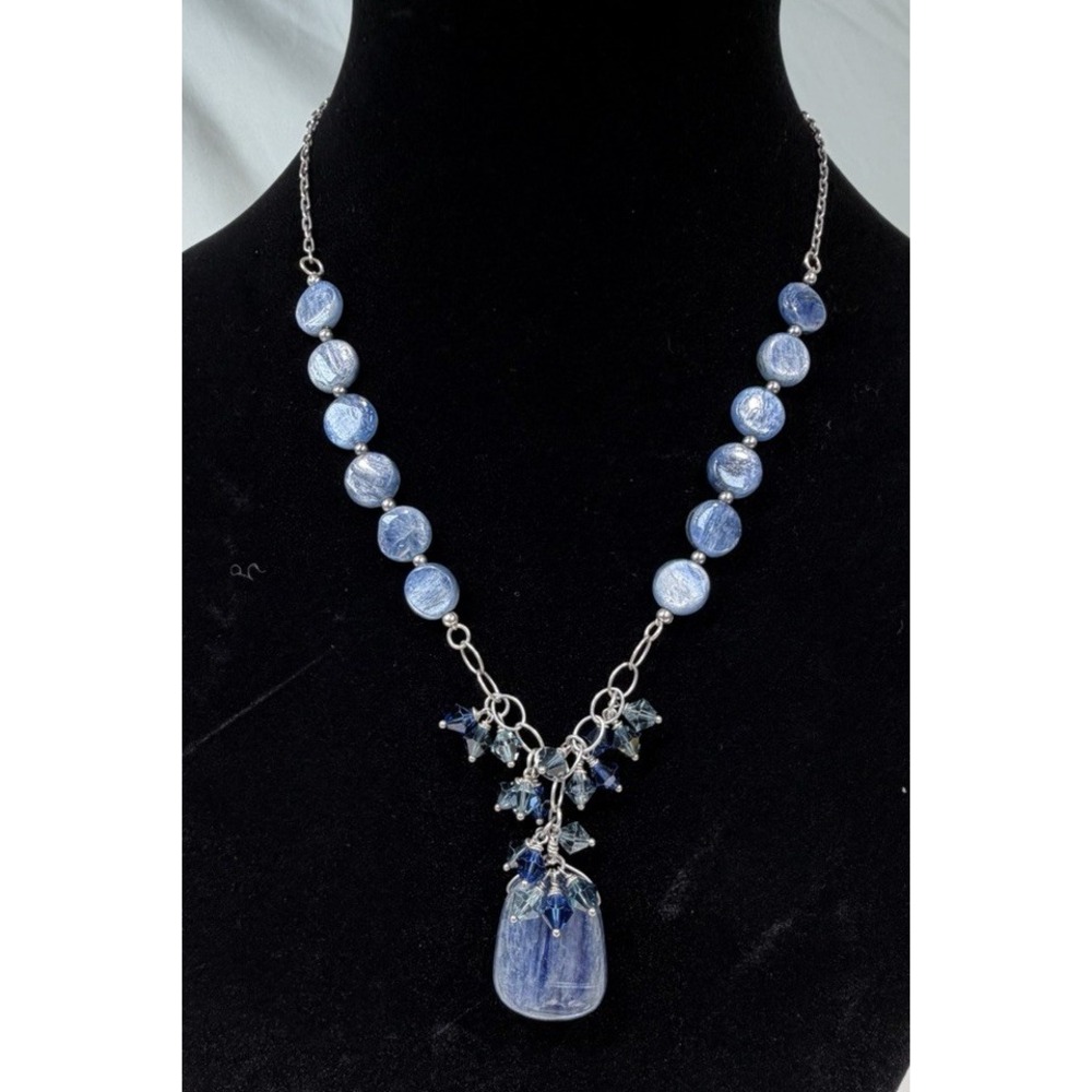 Blue Art Glass Foil Bead Pendant Necklace Crystal Cluster Silver Tone Statement